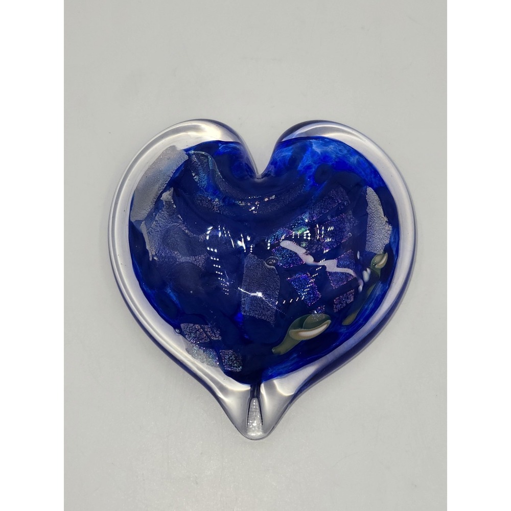 Studio Art Glass Heart Paperweight Blue Dichroic Controlled Bubble Signed 4"
